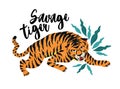 Savage Tiger. Vector illustration of tiger with tropical leaves. Trendy design for card, poster, tshirt.