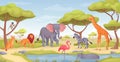 Savanna animals landscape. Tropical african animal on grassland savannah, jungle fauna panoramic scene at pond wild