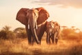 Savanna Elephants walking on dry Savanna during sunsets. AI Generated Image