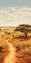 Savanna Serenity: A Digital Painting Of African Wildlife On A Desert Road