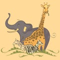 Savannah Animals on Yellow Background. Elephant, Giraffe, Zebras.