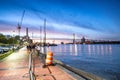 SAVANNAH, GA - APRIL 1, 2018: Riverfront at sunset. Savannah attracts 10 million people annually Royalty Free Stock Photo