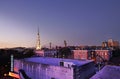 Savannah, GA-USA- 1-05-2023: View of downtown Savannah at dusk with the historic Savannah Theater at lower left