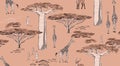 Savannah landscape: giraffe ,ground squirrel , antilope in wild nature, african plants, baobab tree seamless pattern . Vector