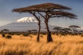 Savannah landscape and Kilimanjaro mountain in the background