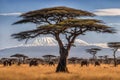 Savannah landscape and Kilimanjaro mountain in the background