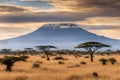 Savannah landscape and Kilimanjaro mountain in the background