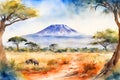 Savannah landscape and Kilimanjaro mountain in the background. Watercolor illustration.