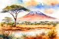 Savannah landscape and Kilimanjaro mountain in the background. Watercolor illustration.