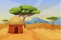 Savannah landscape, scenery with traditional hut, acacia trees, road, blue sky and mountains in cartoon style isolated