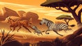 African Safari Cheetah And Zebras Running. Royalty Free Stock Photo