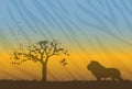 Savanne landscape with silhouette of lion Royalty Free Stock Photo