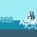 Save the Arctic. Creative illustration with penguins standing on plastic bottles in ocean