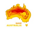 Save Australia concept banner. Color continent in paper cut style with silhouette of koala, kangaroo and birds