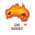 Save Australia concept banner. Color gradient continent with silhouette of koala, kangaroo and birds