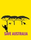 Save Australia message in illustration with kangaroo and koala in vibrant color background