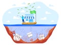 Save business during crisis flat vector illustration, cartoon businessman saving small business on boat, bankrupt