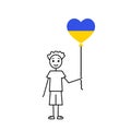 save the children, happy ukrainian kid, love Ukraine sketch, boy with a heart shaped balloon, black line vector