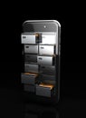 Save of data concept. Cupboard with card files in the screen of