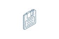 save data, diskette isometric icon. 3d line art technical drawing. Editable stroke vector