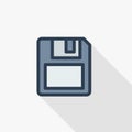 Save data, diskette thin line flat color icon. Linear vector symbol. Colorful long shadow design.