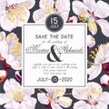 Save the date card template with realistic spring flowers on dark background. Vector apricot inflorescence