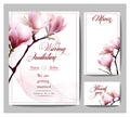Save The Date with blooming Magnolia. Wedding Invitation Card Vector illustration.