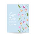 Save the Date Card with Blossom Tulips Flowers. Wedding Invitation, Anniversary Party, RSVP Floral Template Royalty Free Stock Photo