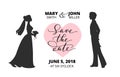 Save the date card with bride and groom silhouettes and hand written custom calligraphy