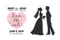 Save the date card with bride and groom silhouettes and hand written custom calligraphy