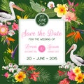Save the Date Card with Exotic Flowers and Birds. Floral Wedding Invitation Template with Pelicans. Tropical Postcard Royalty Free Stock Photo