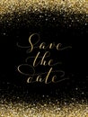 Save the date card with falling glitter confetti frame. Sparkling vector golden dust on black. Royalty Free Stock Photo