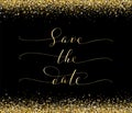 Save the date card with falling glitter confetti frame. Sparkling vector golden dust on black. Royalty Free Stock Photo