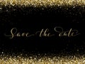 Save the date card with falling glitter confetti frame. Sparkling vector golden dust on black. Royalty Free Stock Photo