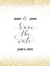Save the date card with falling glitter confetti frame. Sparkling vector golden dust isolated on white. Royalty Free Stock Photo