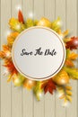 Save the Date card with falling leaves