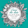 Save the date card with hand drawn doodle fancy flowers