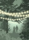 Save the date card lights. Couple in the forest. Hanging decorative holiday lights for a back yard party, wedding, date, birthday.