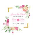 Save the Date Card Template with Golden Glitter Frame and Flowers. Wedding Invitation, Greeting with Floral Ornament Royalty Free Stock Photo