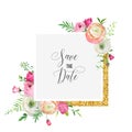 Save the Date Card Template with Golden Glitter Frame and Flowers. Wedding Invitation, Greeting with Floral Ornament Royalty Free Stock Photo