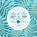 Wedding or party invitation template with tropical foliage of palm leaves.