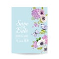 Save the Date Card Wedding Invitation Template. Botanical Card with Hydrangea Flowers and Butterflies. Greeting Floral Postcard Royalty Free Stock Photo