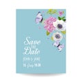 Save the Date Card Wedding Invitation Template. Botanical Card with Hydrangea Flowers and Butterflies. Greeting Floral Postcard Royalty Free Stock Photo