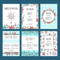 Save date cards. Nautical symbols sailboat shells knot fish marine design template of invitation celebration wedding