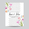 Save the Date Greeting Card with Blossom Tulips Flowers. Wedding Invitation, Anniversary Party, RSVP Floral Template Royalty Free Stock Photo