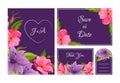 Save the Date, Holiday, Wedding Invitation Templates Set, Thank You, Rsvp Floral Cards with Elegant Bright Flowers