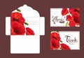 Save the Date, Holiday, Wedding Invitation Templates Set, Thank You, Rsvp, Floral Cards and Envelope with Elegant Red