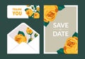 Save the Date, Holiday, Wedding Invitation Templates Set, Thank You, Rsvp, Floral Cards and Envelope with Elegant Yellow