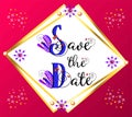 Save the date wedding banner. Marriage gradient poster. Wedding celebration label. Floral butterflies and gemstone illustration.