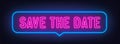 Save The Date  neon sign in the speech bubble on brick wall background. Royalty Free Stock Photo